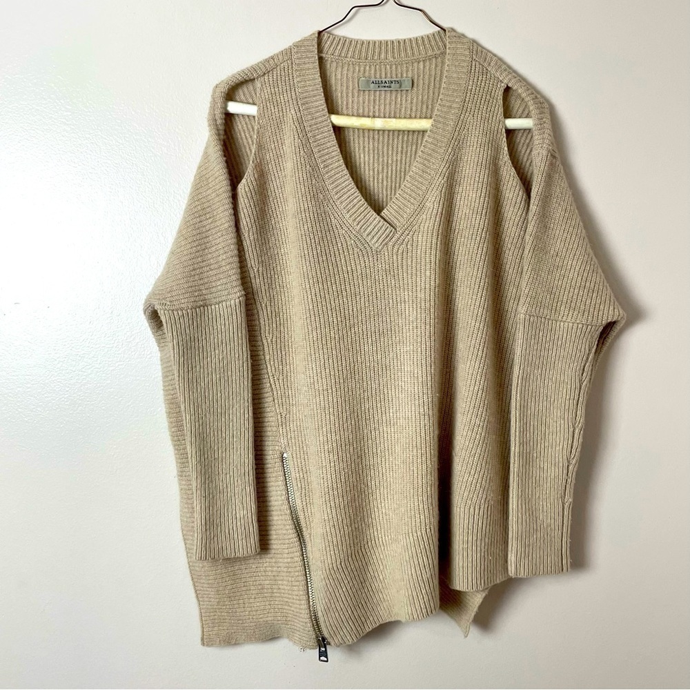 All Saints Sweater V-Neck Cold shoulder Asymmetrical Hemline 3 quarter XS - Picture 4 of 14